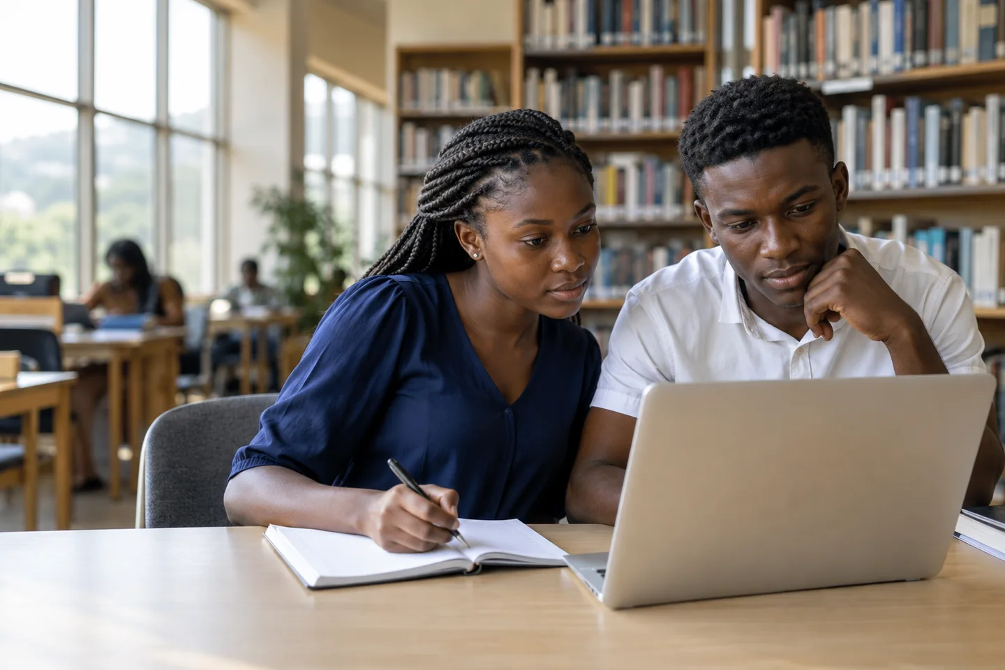 Conceptual scene of two university students studying together with a laptop and notebook in a contemporary library.